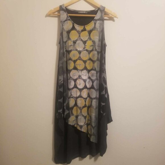 LagenLook Alembika Yellow Gray Asymmetric Tank Dress Free Black Top Womens Sz S - Picture 6 of 16